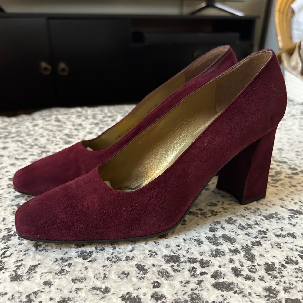 Stuart Weitzman Red/ Wine Suede Block Heel Pumps - image 4